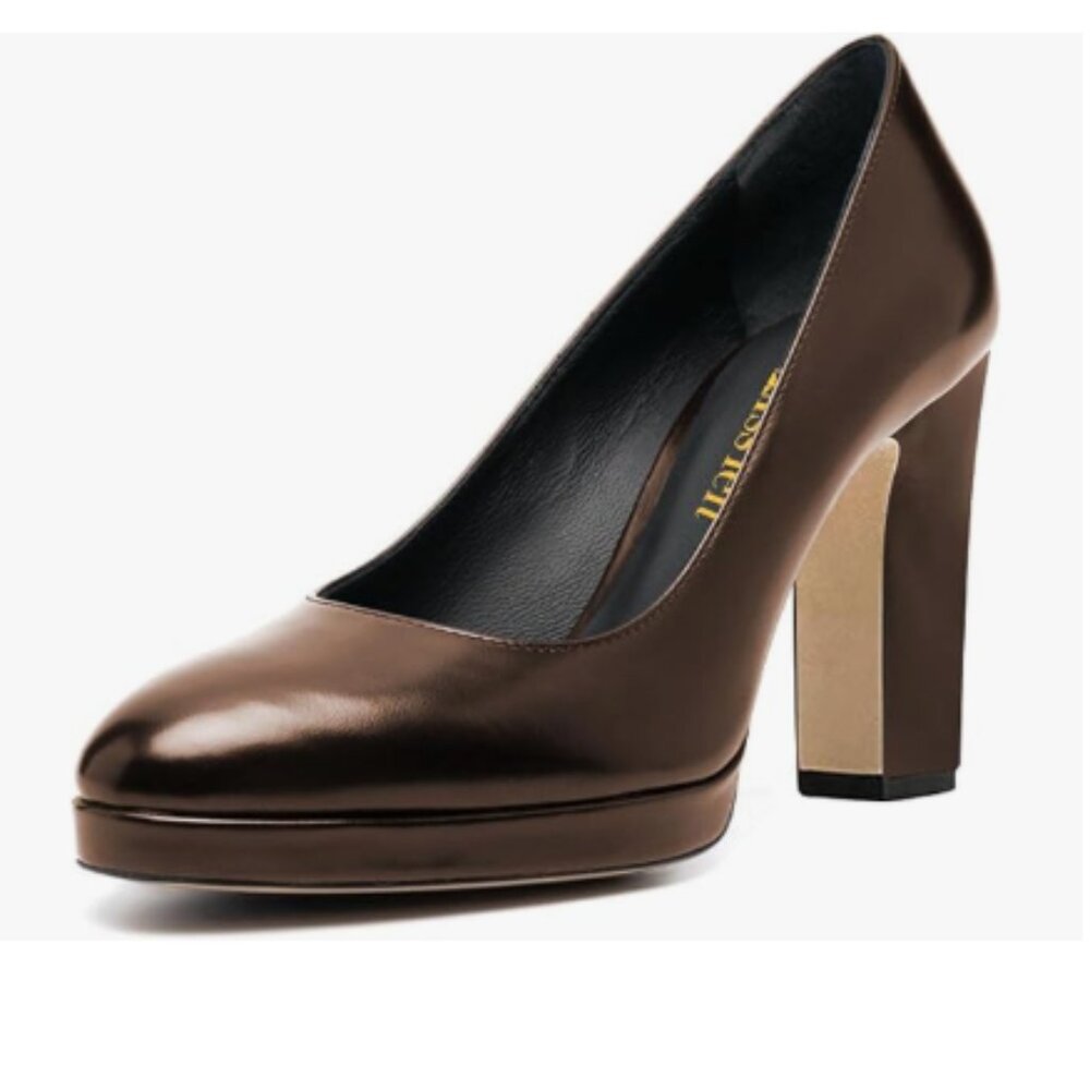 miss left Brown Platform Closed Toe Pumps Classic Slip On Block Heels Shoes